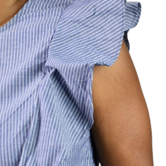 Guest Editor Flutter Sleeve Top Blue Pinstripe Stripe Cotton Blouse Medium - Picture 5 of 14